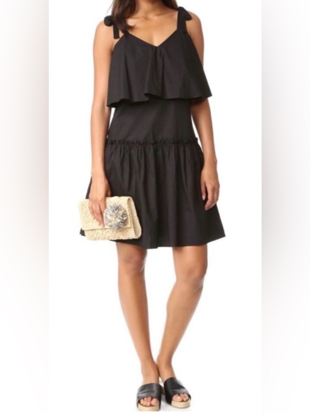 Anthropologie English Factory Ribbon Bow Tie Strap Ruffle Black Dress Size M